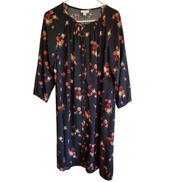 J Jill Prairie Farm Black Floral Button Up Midi Dress Medium - Picture 1 of 16